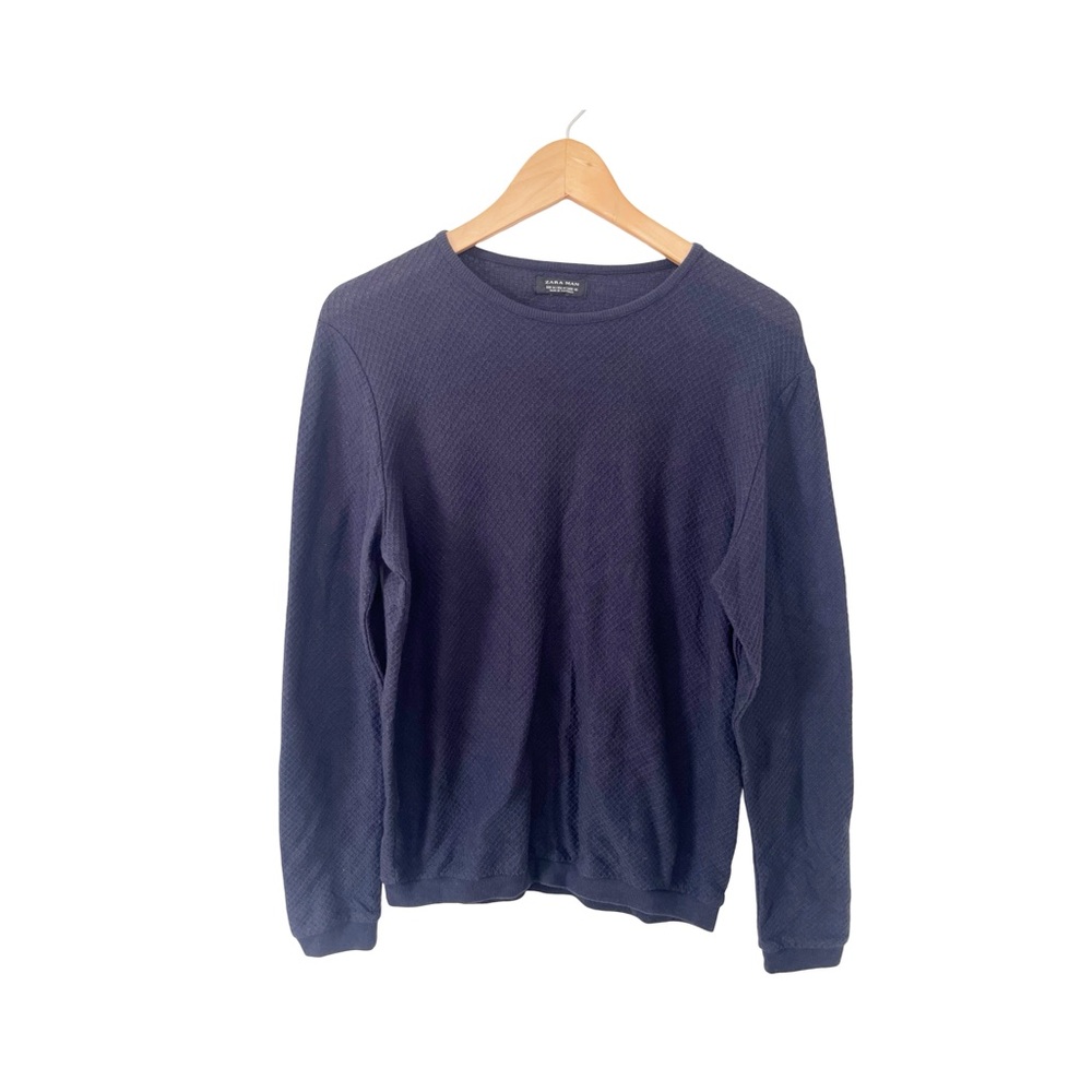 Zara Man‎ Navy Blue Crewneck Long Sleeve Honeycomb Waffle Knit Shirt Sweater